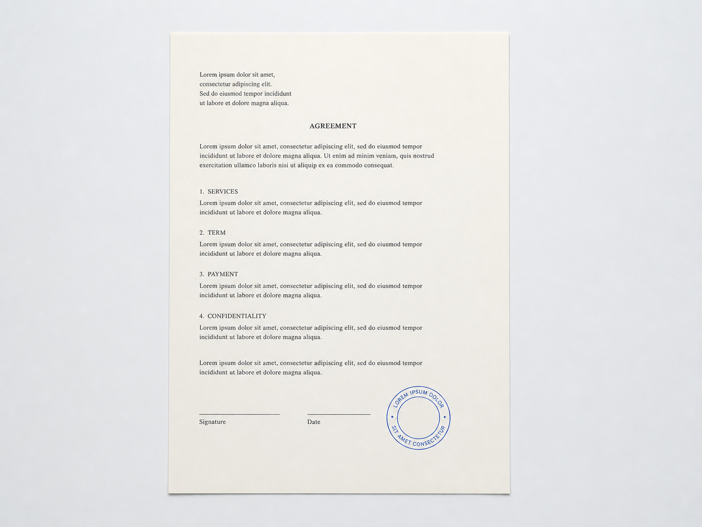 Document scanner preview showing a sample agreement page